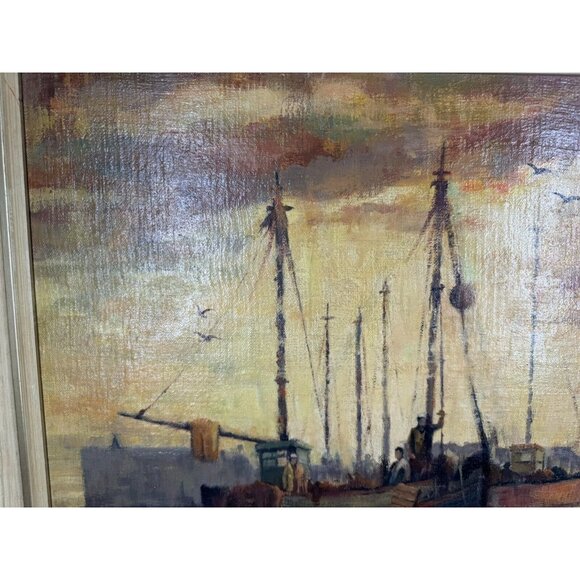 Scene from the harbour of men working by Shortell - Oil on Board Painting Framed - Picture 2 of 8